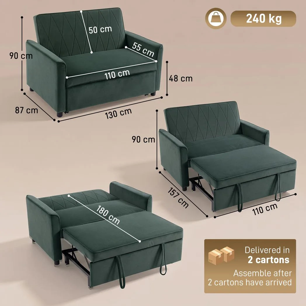 HOMCOM 2 Seater Sofa Bed, 3-in-1 Pull Out Sleeper with Click-Clack Adjustable Backrest, Dark Green