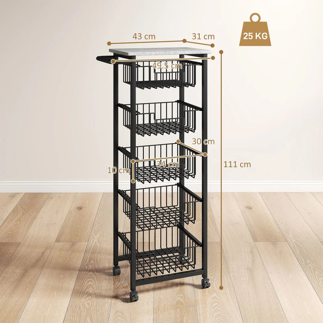 HOMCOM Five Basket Mobile Kitchen Island with Brakes – Storage Trolley, Marble-Effect Top, Grey and Black