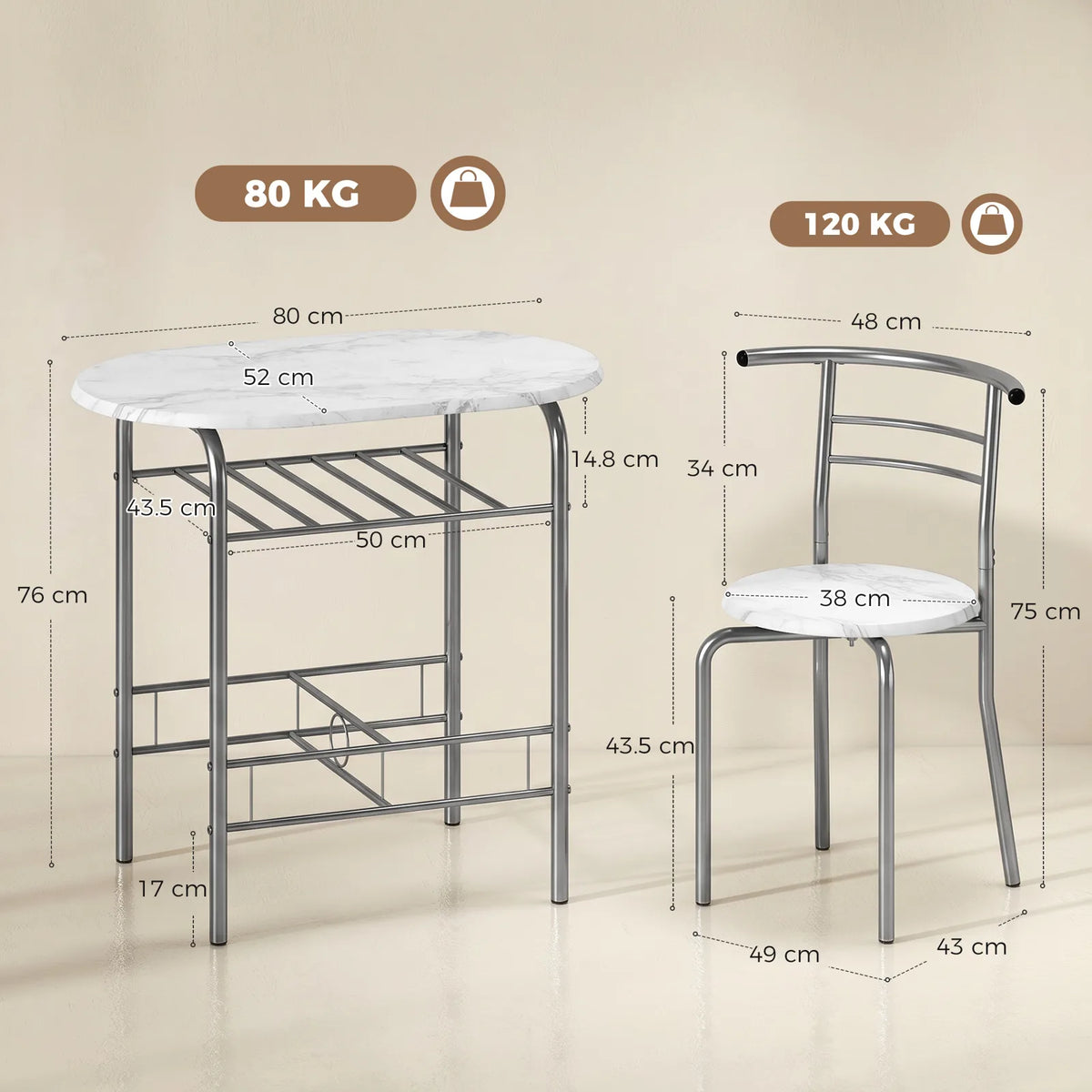 HOMCOM Three-Piece Compact Dining Set with Table Shelf and 2 Chairs – Breakfast Set, White Marble Effect