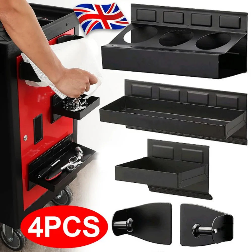 4-Piece Magnetic Tool Tray Set with Shelves, Aerosol Can and Paper Towel Holders – Toolbox Side Storage