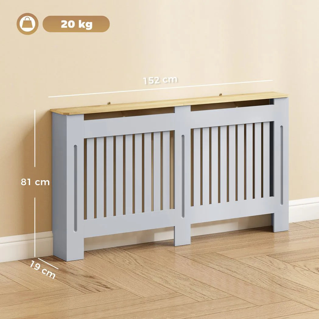 HOMCOM 152cm Slatted Radiator Cover, Painted Cabinet with Line Grill Design and Top Shelf – Grey