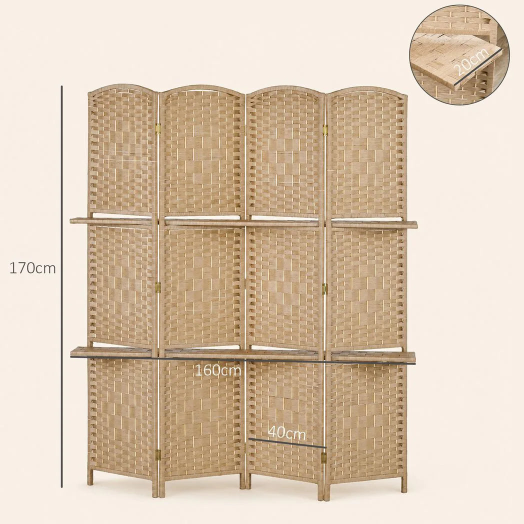 HOMCOM 4 Panel Folding Room Divider with 2 Shelves – Diamond Weave Privacy Screen, 160 x 170cm, Natural
