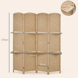 HOMCOM 4 Panel Folding Room Divider with 2 Shelves – Diamond Weave Privacy Screen, 160 x 170cm, Natural