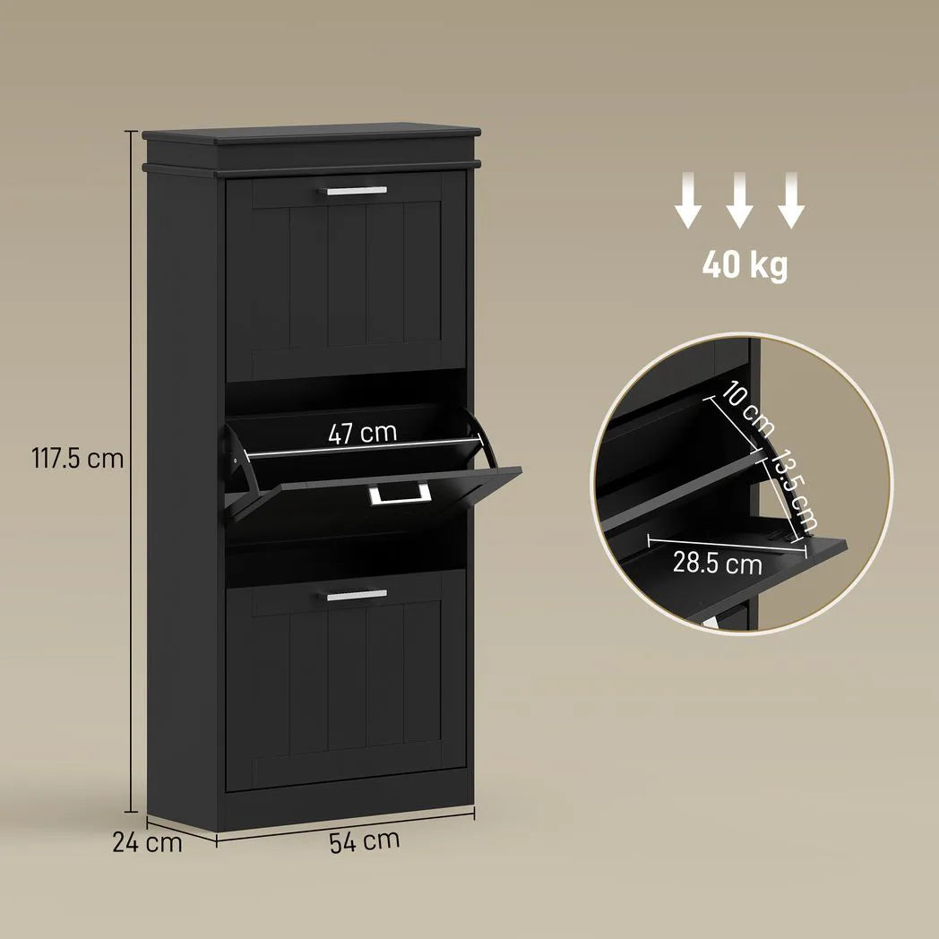 HOMCOM Slim 3-Drawer Shoe Cabinet with Adjustable Shelves – Holds 15 Pairs, Black