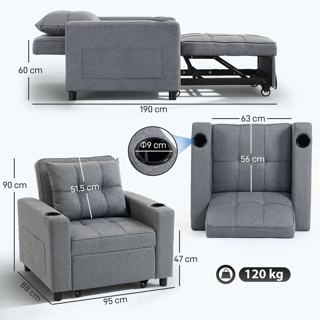 HOMCOM 3-in-1 Single Sofa Bed with Three-Level Back, Cup Holders and Pillow – Convertible Sleeper Chair Bed, Dark Grey