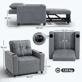 HOMCOM 3-in-1 Single Sofa Bed with Three-Level Back, Cup Holders and Pillow – Convertible Sleeper Chair Bed, Dark Grey