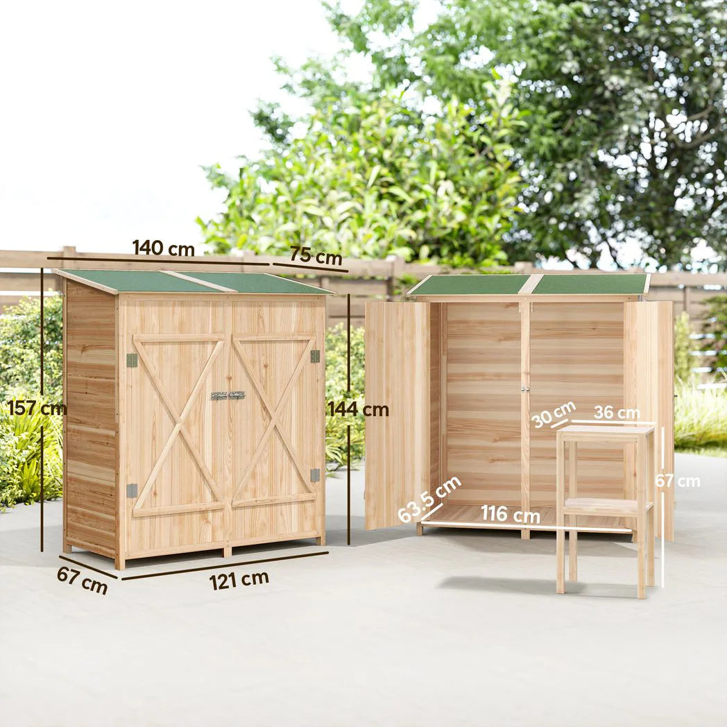 Outsunny Fir Wood Garden Shed with Asphalt Roof, Lockable Door and Removable Table – 140 x 75cm, Natural