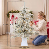 HOMCOM 4ft Pre-Lit Flocked Christmas Tree with 160 Warm White LEDs and 8 Modes – Snow Spruce, Green