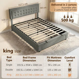 HOMCOM King Size PU Leather Ottoman Bed Frame with Front Drawer and Adjustable Headboard – Gas Lift, Grey