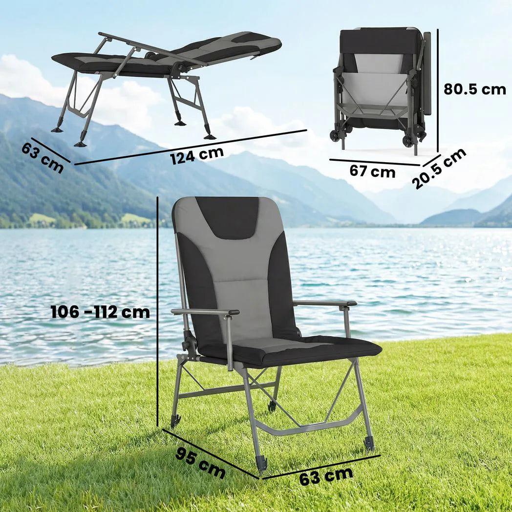 Outsunny Reclining Camping Chair with Padded Seat, Wide Armrests & Adjustable Legs – Folding Fishing Chair, Black
