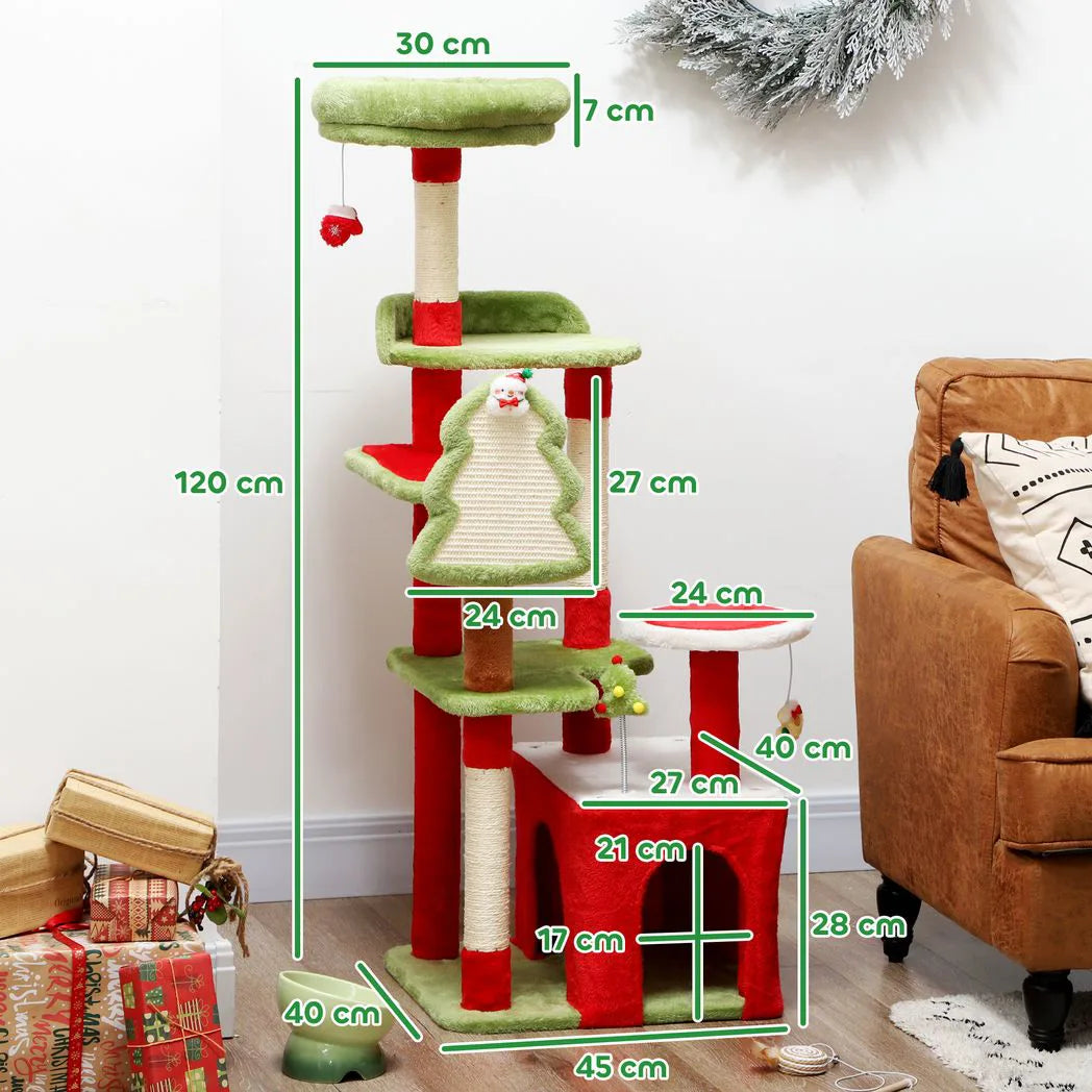 PawHut 120cm Christmas Cat Tree with 3 Scratching Posts, Perches & Hanging Toys – Festive Tower, Green