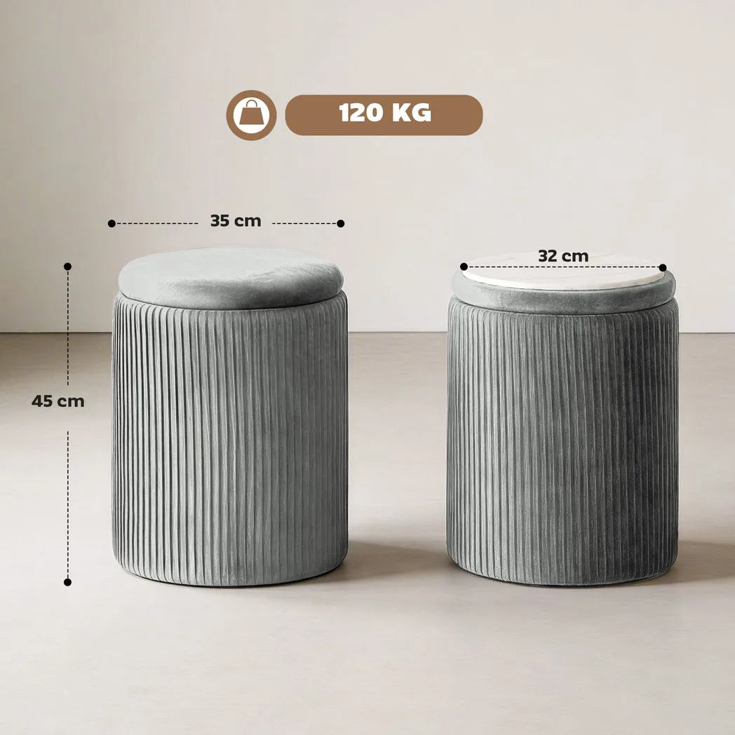 HOMCOM Round Velvet Storage Ottoman with Flip Lid Tray Top, 45 cm Footstool – Living Room, Grey