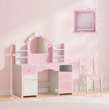 AIYAPLAY Kids Vanity Set with Stool, Dual-Colour Lights Mirror, Cabinets, Drawer & Shelves – Children's Dressing Table, Pink