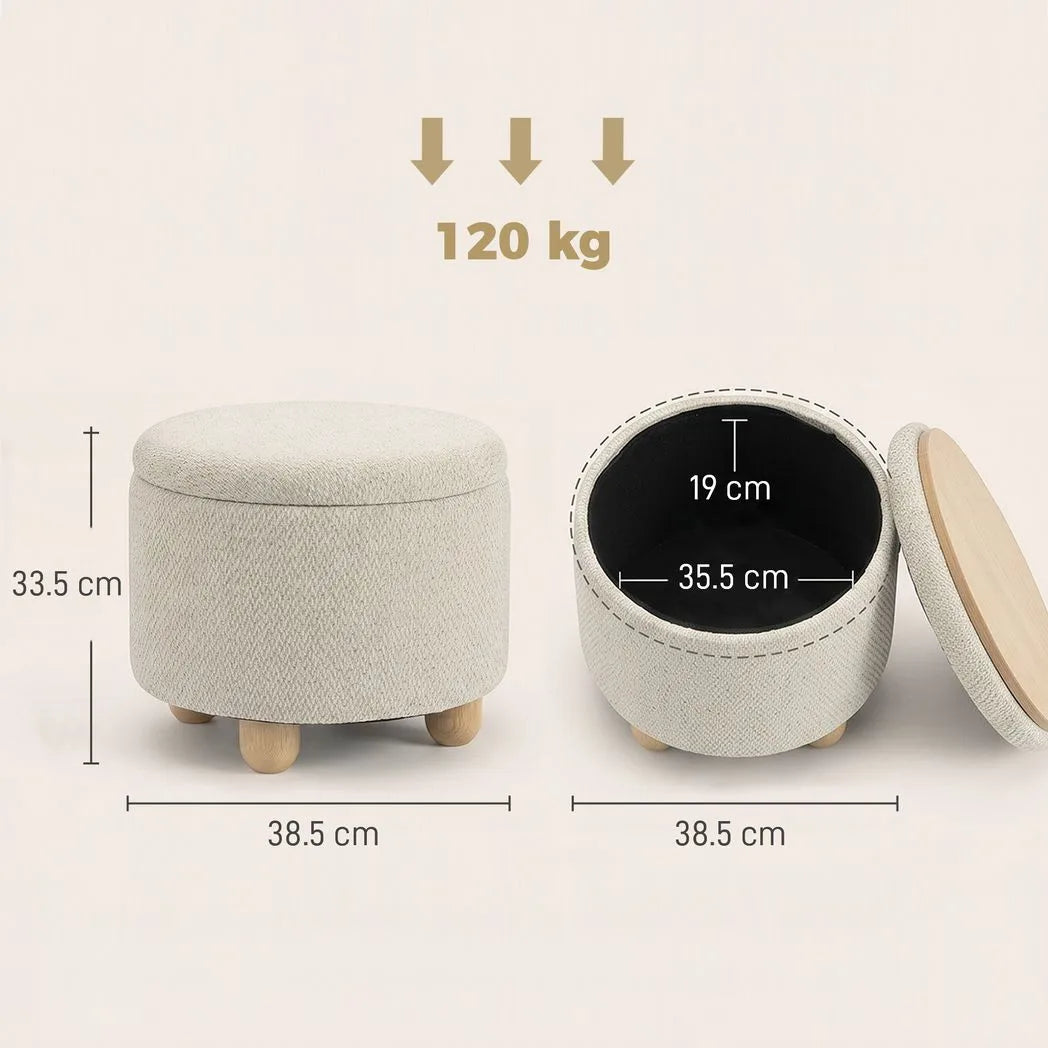 HOMCOM Round Storage Ottoman with Reversible Lid and Rubberwood Legs – 19L Sitting Bench, Beige