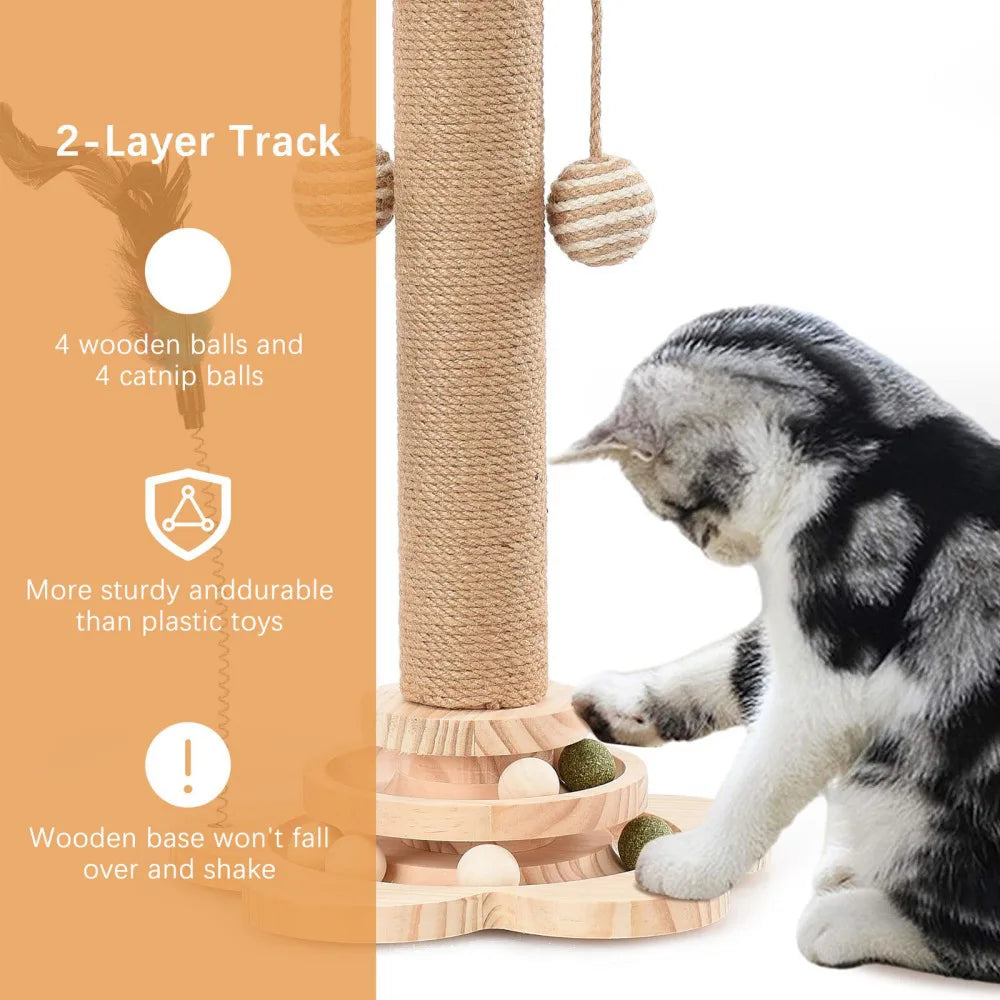 Cat Scratching Post Toy with Ball Track & Spinning Disc – Solid Wood and Sisal Activity Centre