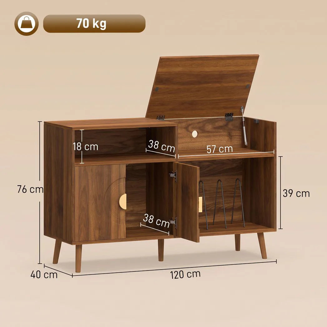 HOMCOM Record Player Stand with Vinyl Storage for up to 300 Albums – Flip-Top Compartment and Cabinet, Walnut