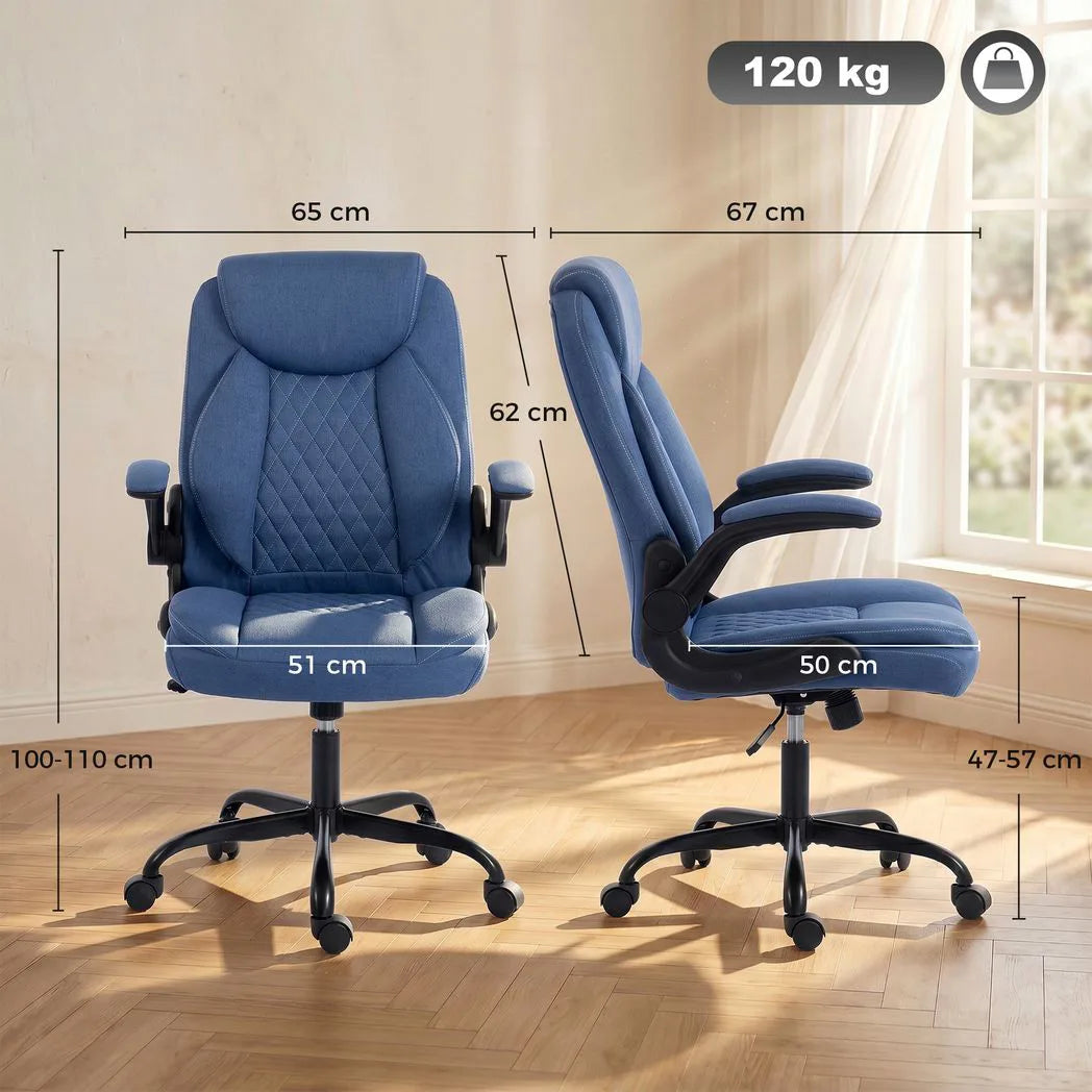 HOMCOM Linen-Look Executive Office Chair with Flip-Up Armrests, Thick Cushion & Rocking Function, Blue