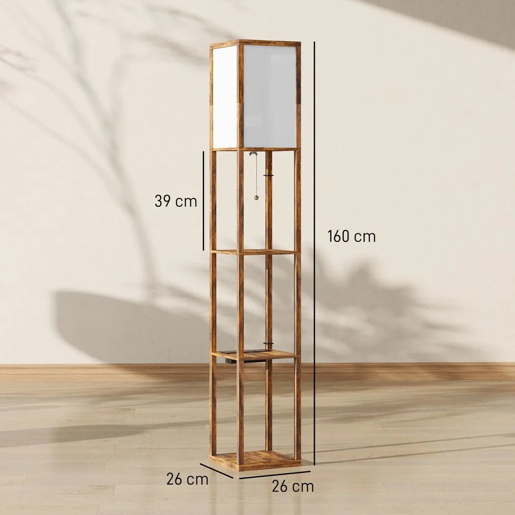 HOMCOM 4-Tier Shelf Floor Lamp with USB Ports – Rustic Brown