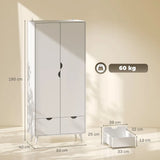 HOMCOM 2-Door Wardrobe with 2 Drawers, Hanging Rail and Wood Feet – Bedroom Clothes Storage with Anti-Tip Straps, White