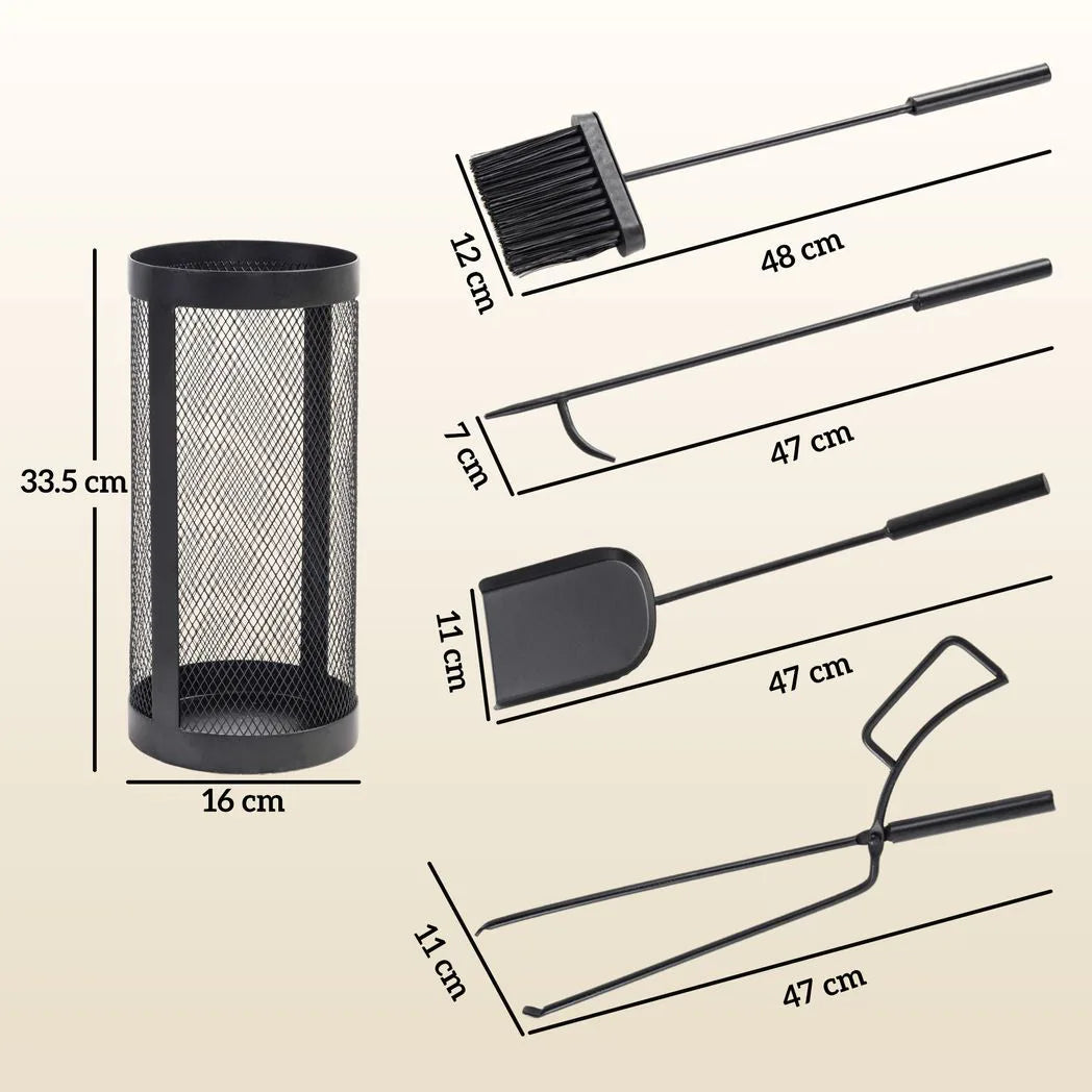 Outsunny 5-Piece Fireplace Tools Set with Mesh Basket – Indoor Outdoor Fireside Accessories, Black