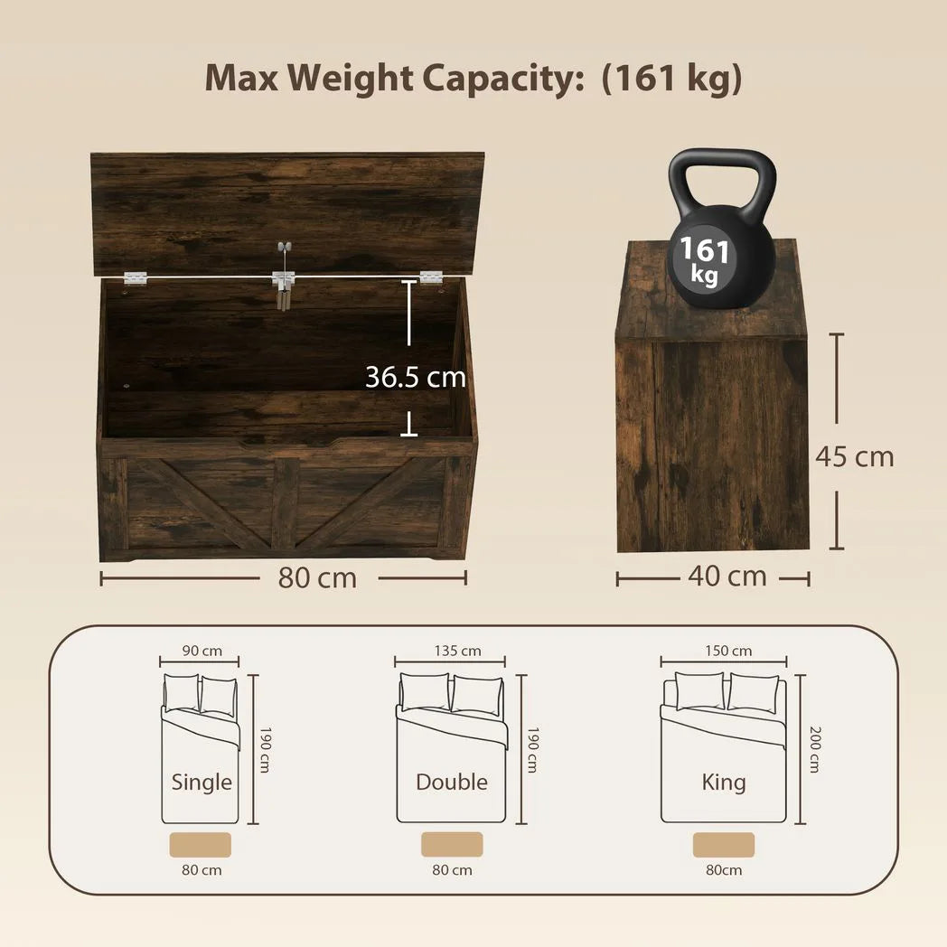 HOMCOM 100L Storage Box with Safety Hinge & Seat Top – Storage Trunk Bench, Rustic Brown Wood-Effect