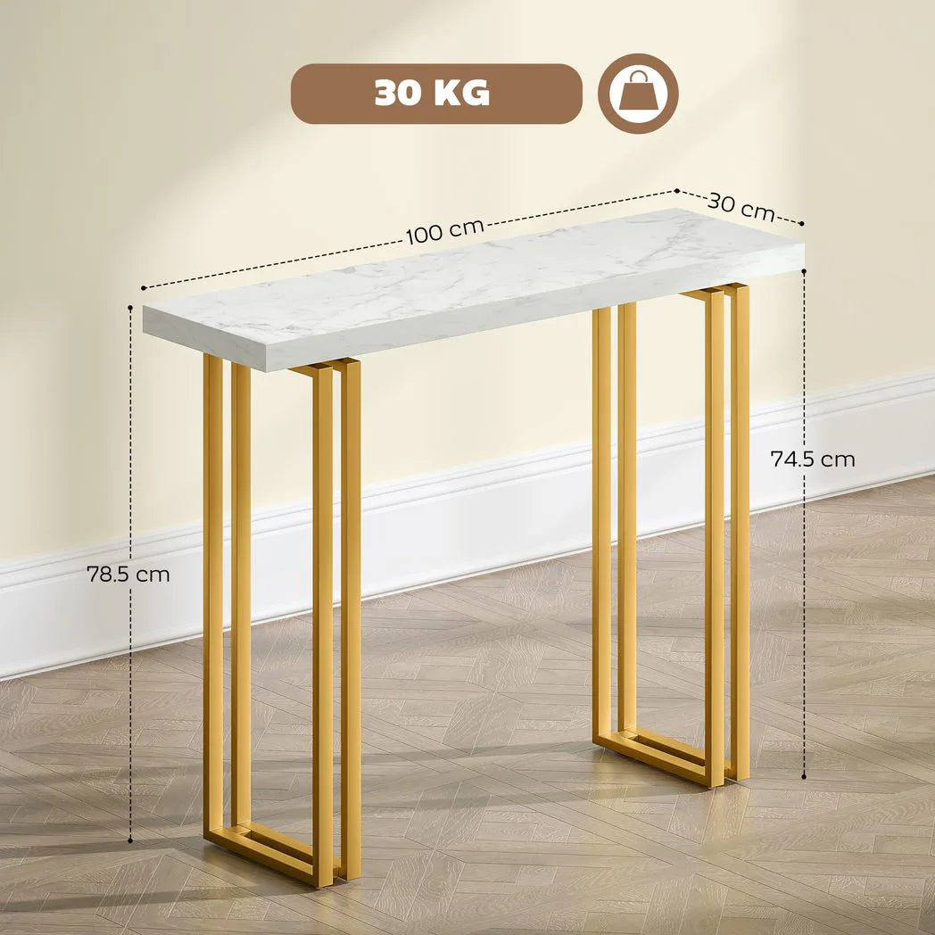 HOMCOM 100 cm Console Table with Faux Marble Top and Gold Tone Frame – Narrow Entryway Table, White