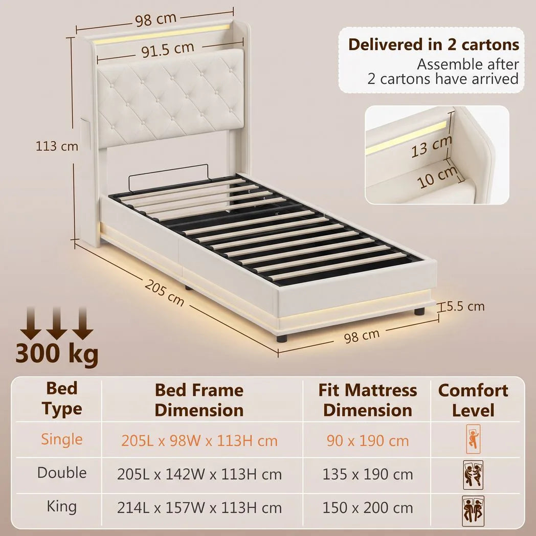 HOMCOM 3ft Single Ottoman Bed Frame with Hydraulic Storage, LED Lights, Charging Station and Headboard – White