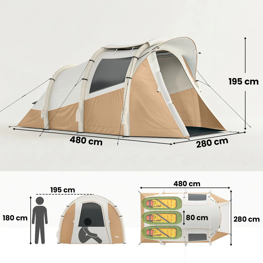 Outsunny 2-3 Person Inflatable Camping Tent with Air Pump, Bedroom & Living Room – Easy Setup Blow Up Tent, Khaki