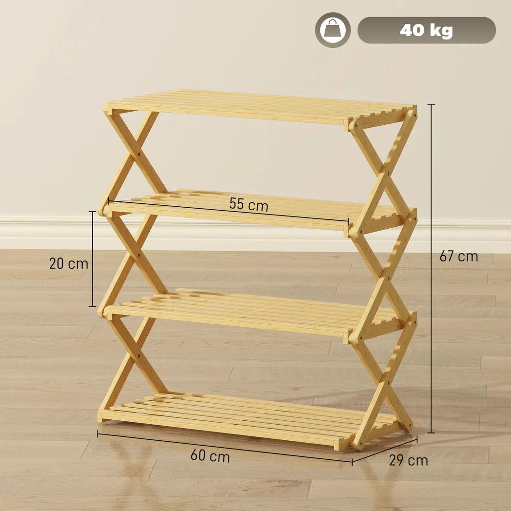 HOMCOM 4-Tier Folding Bamboo Shoe Rack, 12 Pairs, 67 x 60 x 29 cm – Natural