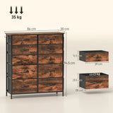 HOMCOM Fabric Chest of 10 Drawers with Steel Frame, Pockets and Hooks – Bedroom Storage Unit, Rustic Brown
