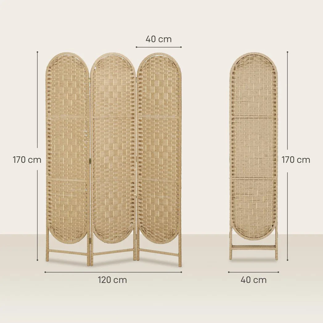 HOMCOM 3-Panel Folding Room Divider, 170cm Privacy Screen with Woven Paper Rope Panels – Natural Wood