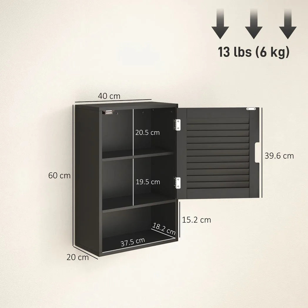 HOMCOM Wall Mounted Bathroom Cabinet with Adjustable Shelves – Louvred Door Storage, 40 x 20 x 60 cm, Black
