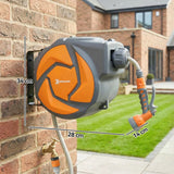 DURHAND 10m Wall-Mounted Auto-Rewind Garden Hose Reel with 7-Pattern Spray Nozzle, Orange