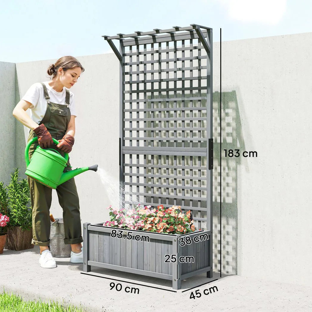 Outsunny Raised Garden Bed with Trellis and Hanging Roof, Fir Wood Planter with Drainage Holes for Vegetables & Flowers, Dark Grey