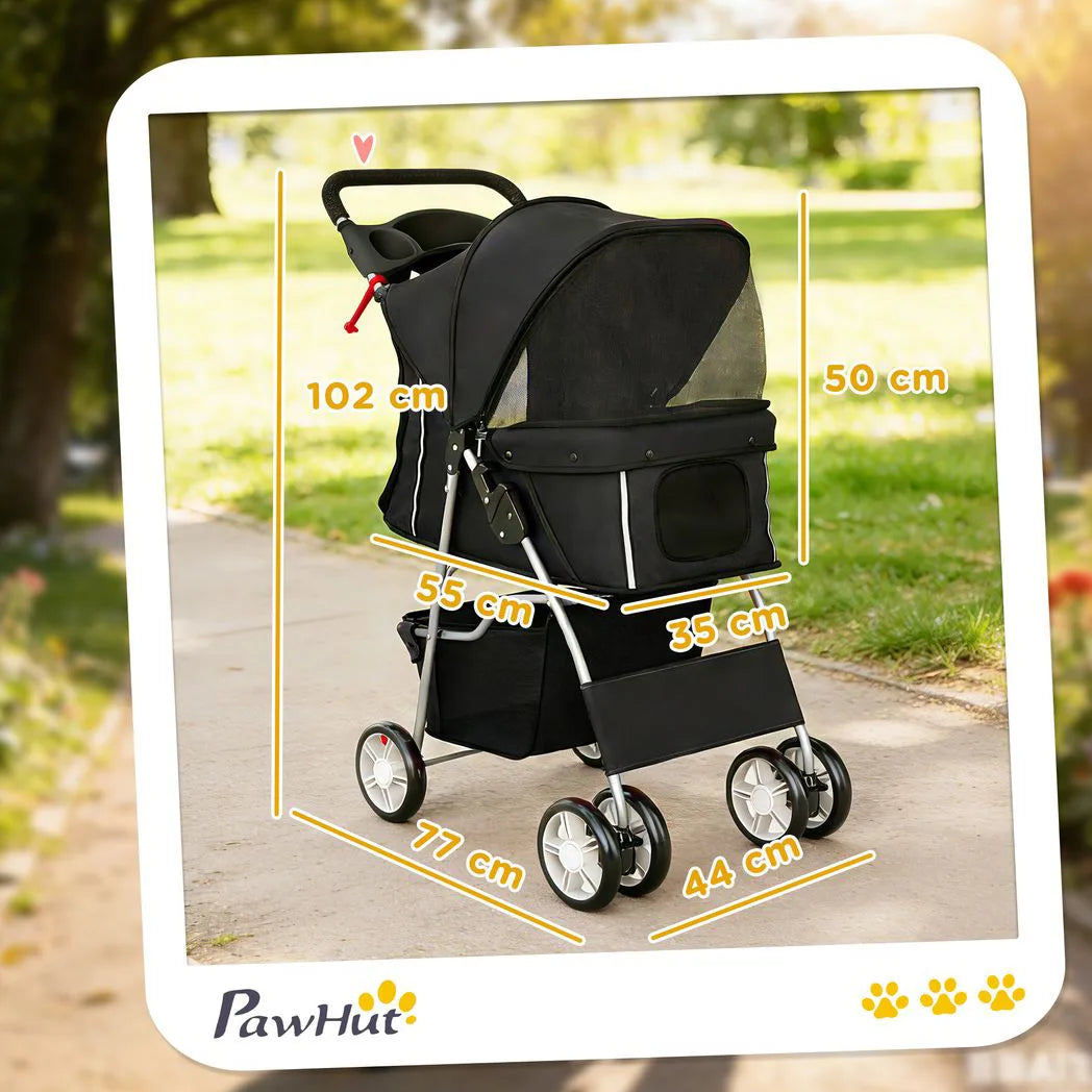 PawHut Foldable Dog Pram with Reflective Strips and 360° Swivel Wheels – Pet and Cat Stroller, Black