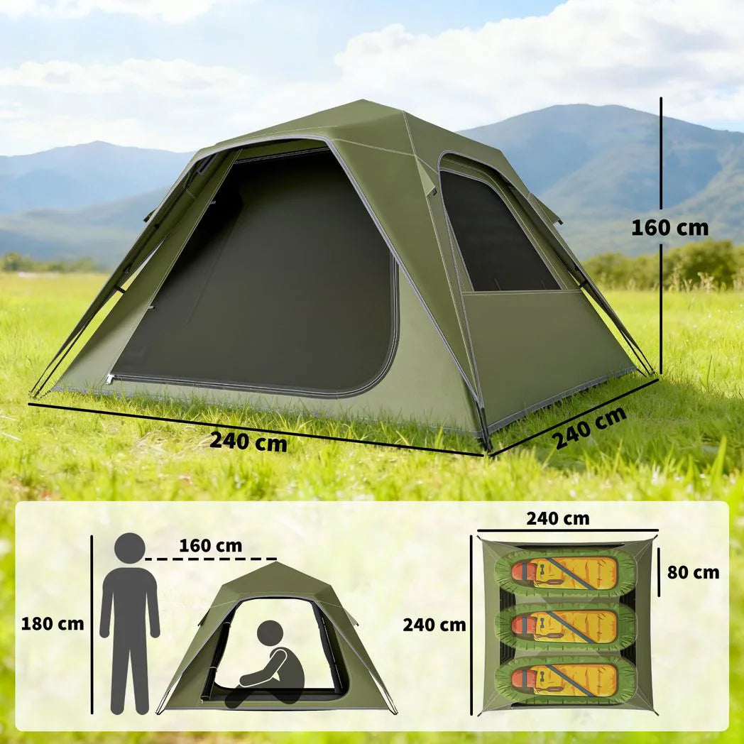 Outsunny 2-3 Person Pop Up Tent with 3000mm Waterproof Rating, UPF50 & Mesh Windows – Instant Camping Tent, Green