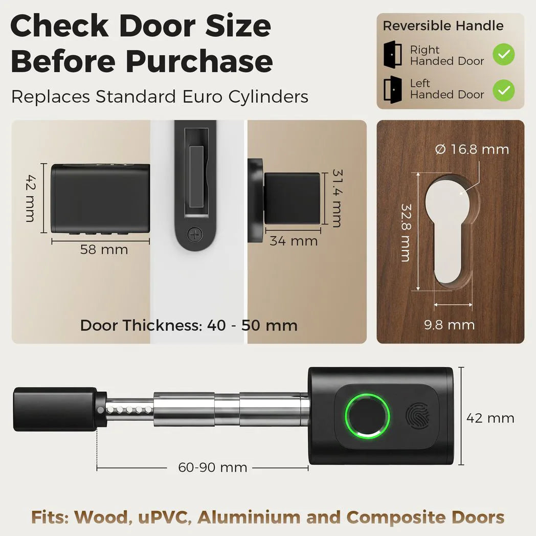 HOMCOM Smart Door Cylinder, 5-in-1 Keyless Entry with Fingerprint, App and NFC – Bluetooth Lock