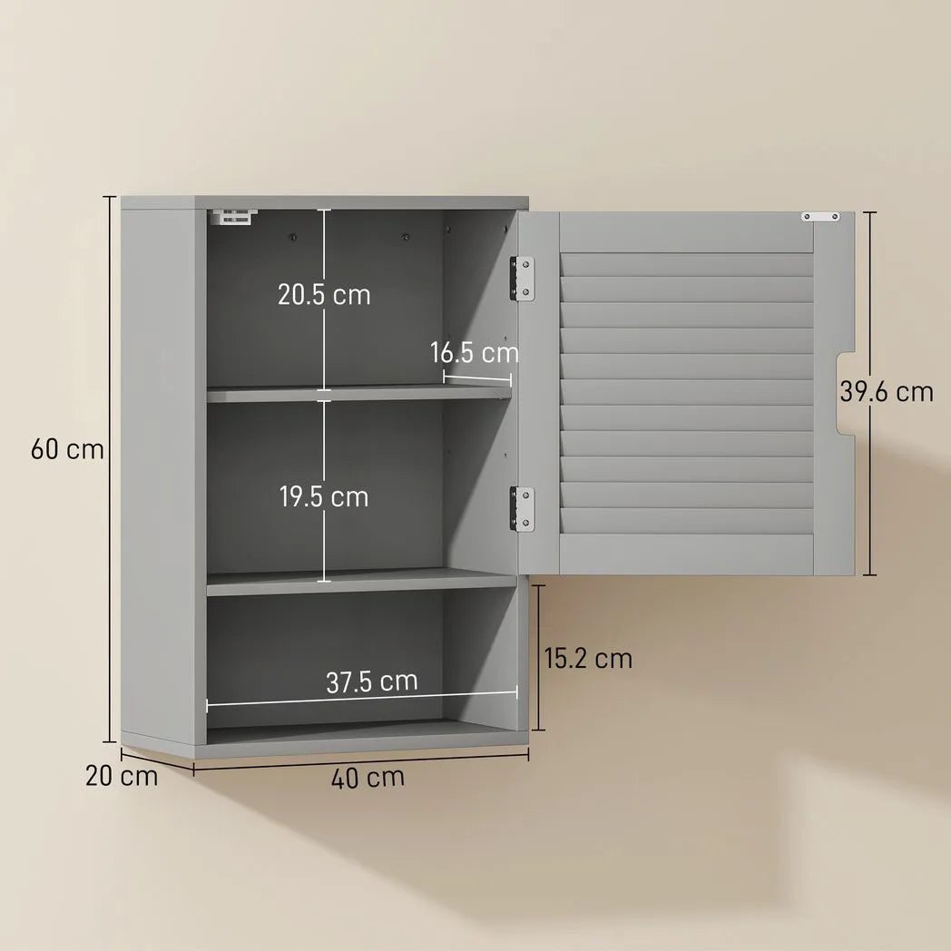 HOMCOM Wall Mounted Bathroom Cabinet with Adjustable Shelves, Louvred Door – 40 x 20 x 60 cm, Grey
