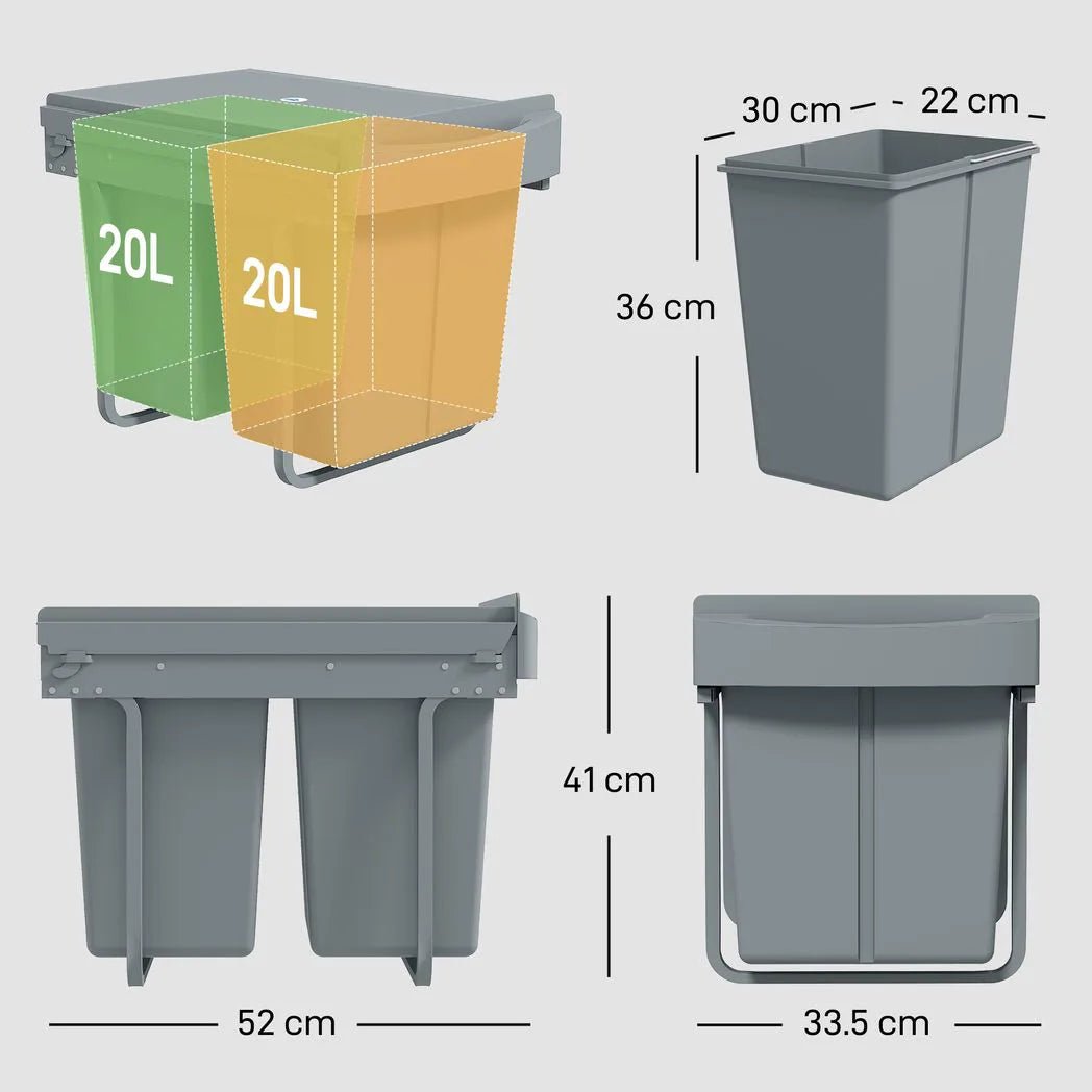 HOMCOM 40L Pull Out Under Sink Bin with 2 Removable 20L Compartments – Damped Glide Kitchen Recycling Bin, Grey