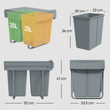 HOMCOM 40L Pull Out Under Sink Bin with 2 Removable 20L Compartments – Damped Glide Kitchen Recycling Bin, Grey