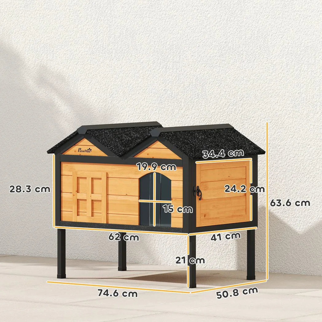 PawHut Wooden Outdoor Cat House with Asphalt Roof, Side Cleaning Door and PVC Curtain – Insulated Cat Shelter