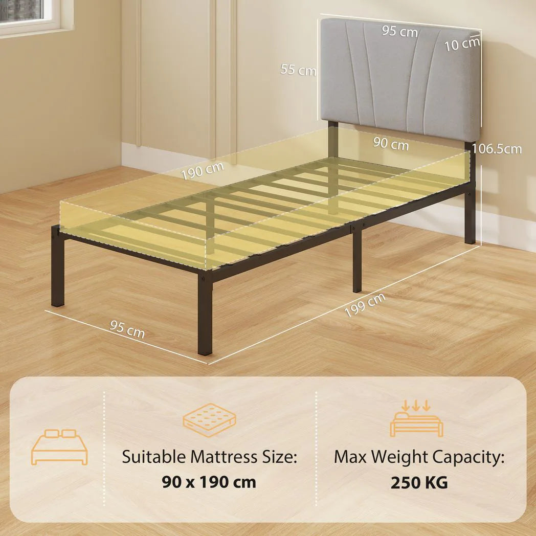 HOMCOM 3FT Single Bed Frame with Upholstered Headboard & Underbed Storage – 250 kg Capacity, Black and Grey
