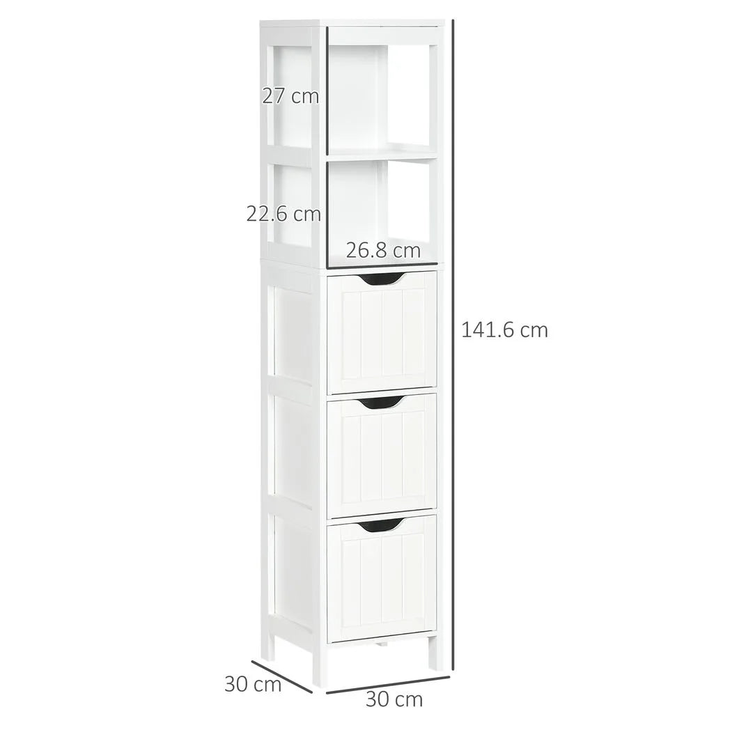 HOMCOM Narrow Floor Bathroom Cabinet with 3 Drawers and 2 Open Shelves – Slim Freestanding Storage, White