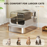 PawHut XXL Stainless Steel Cat Litter Box with 90° Flip Cover, Double Doors & Scoop – Enclosed, Grey