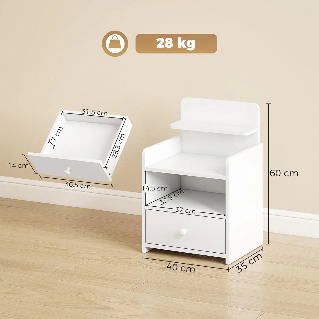HOMCOM Bedside Cabinet with Drawer and Shelves – Versatile Bedside Table for Bedroom or Living Room, White