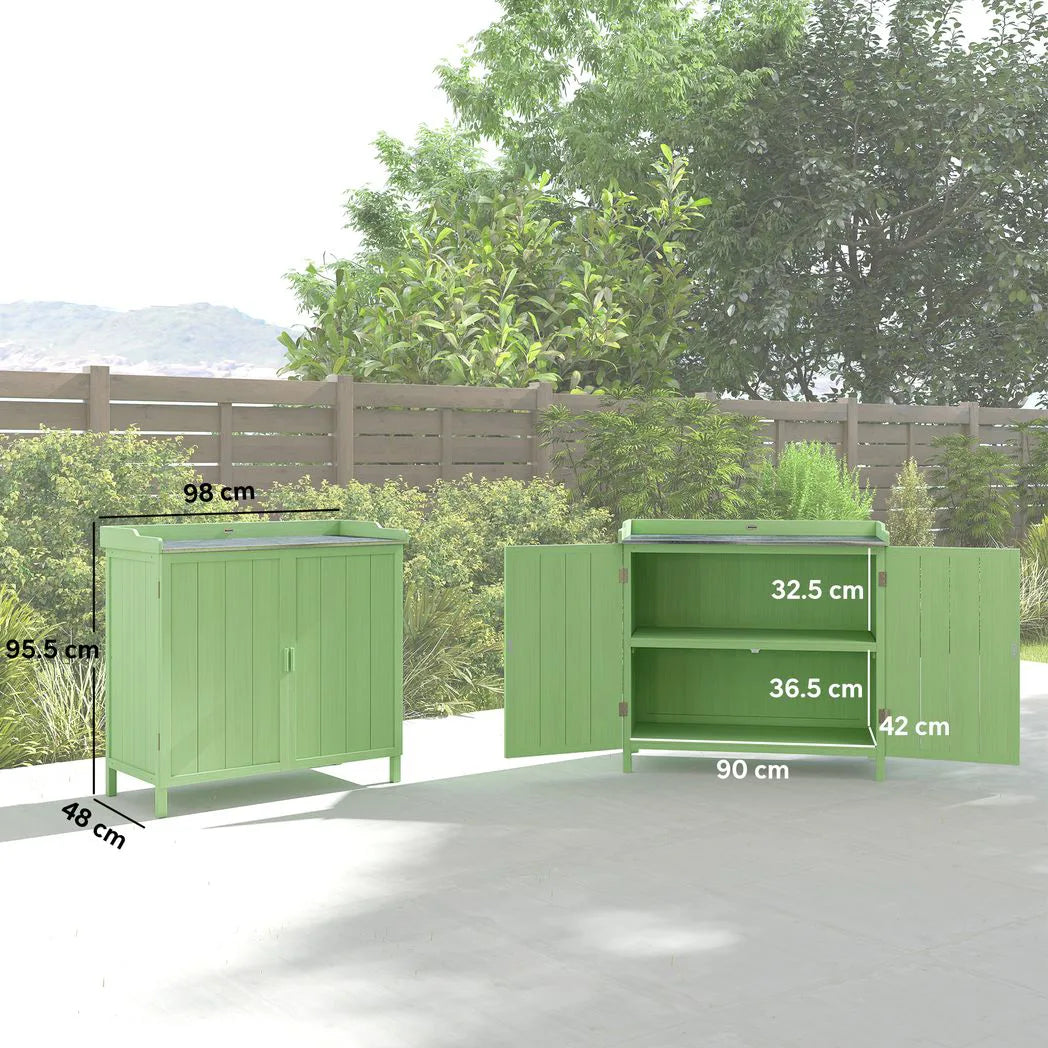 Outsunny Wooden Garden Storage Cabinet with Galvanised Top – 2-in-1 Potting Bench and Tool Shed, Green