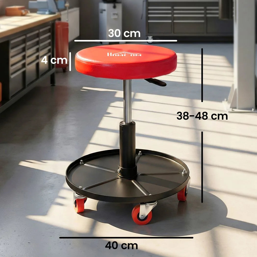 HOMCOM Rolling Mechanic Stool with Tool Tray and Wheels, Height Adjustable 38–48 cm – Workshop Seat, Orange