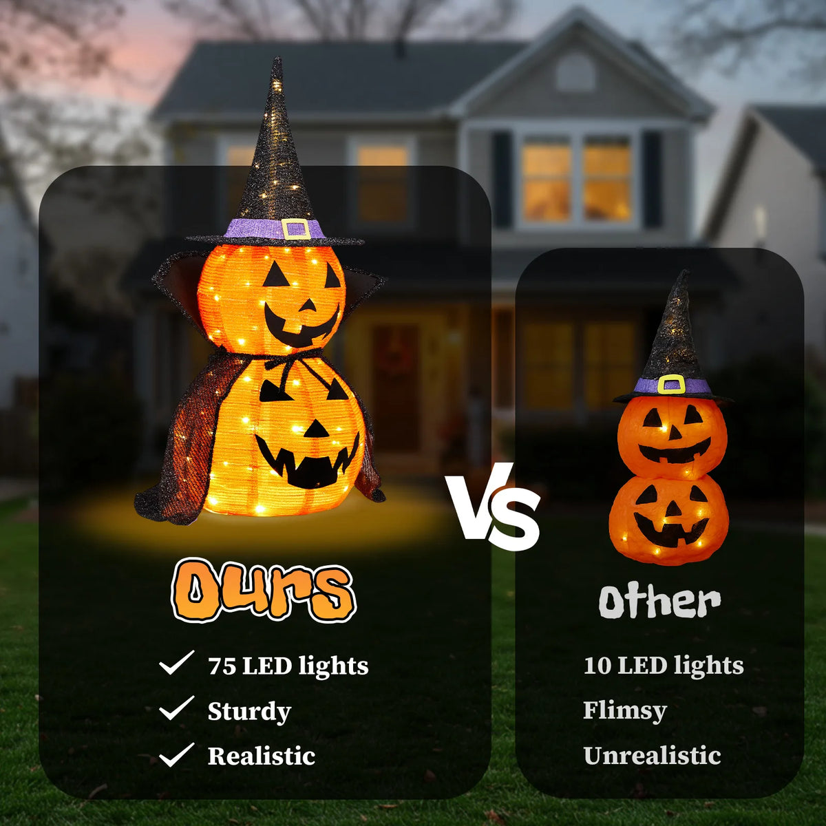 Pop-Up Lighted Halloween Pumpkins 3ft – 2 Pack Collapsible Jack-o-Lanterns, 176 Warm LEDs