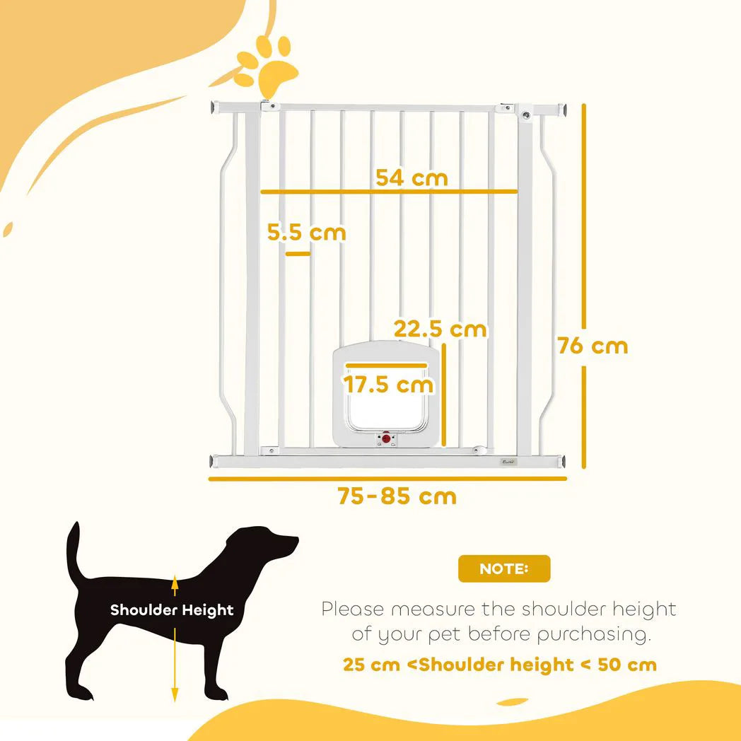 PawHut Adjustable Pet Gate with Four-Way Cat Flap – Pressure Fit Barrier for Doorways, 75-85 cm, White
