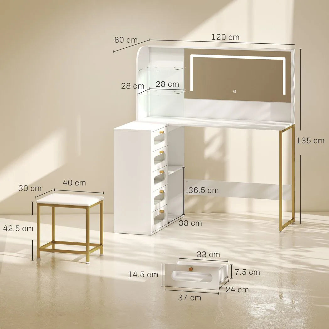 HOMCOM L-Shaped Dressing Table with LED Mirror, Stool, 5 Drawers and Glass Shelves – Bedroom Vanity, White